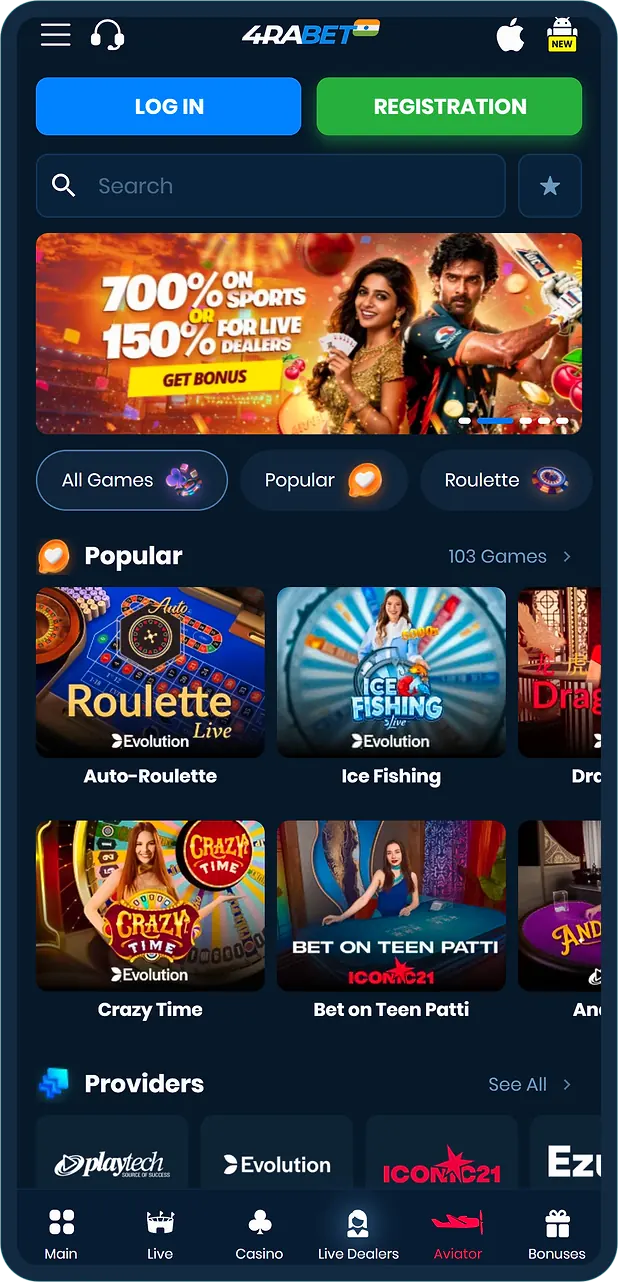 4rabet live dealer section with Auto-Roulette, Ice Fishing, Crazy Time, Teen Patti and Andar Bahar