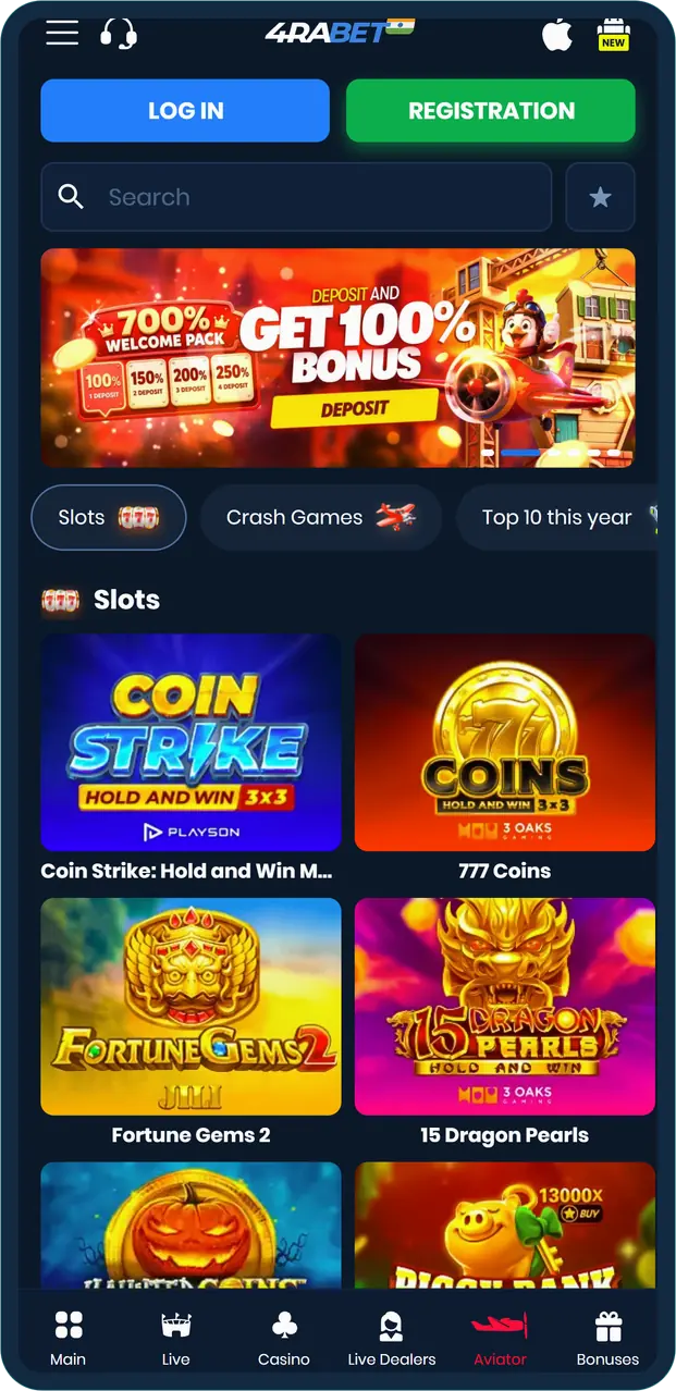 4rabet casino lobby with game tiles and section tabs on a phone
