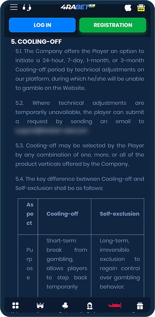 4rabet Responsible Gaming Policy text on cooling-off and self-exclusion
